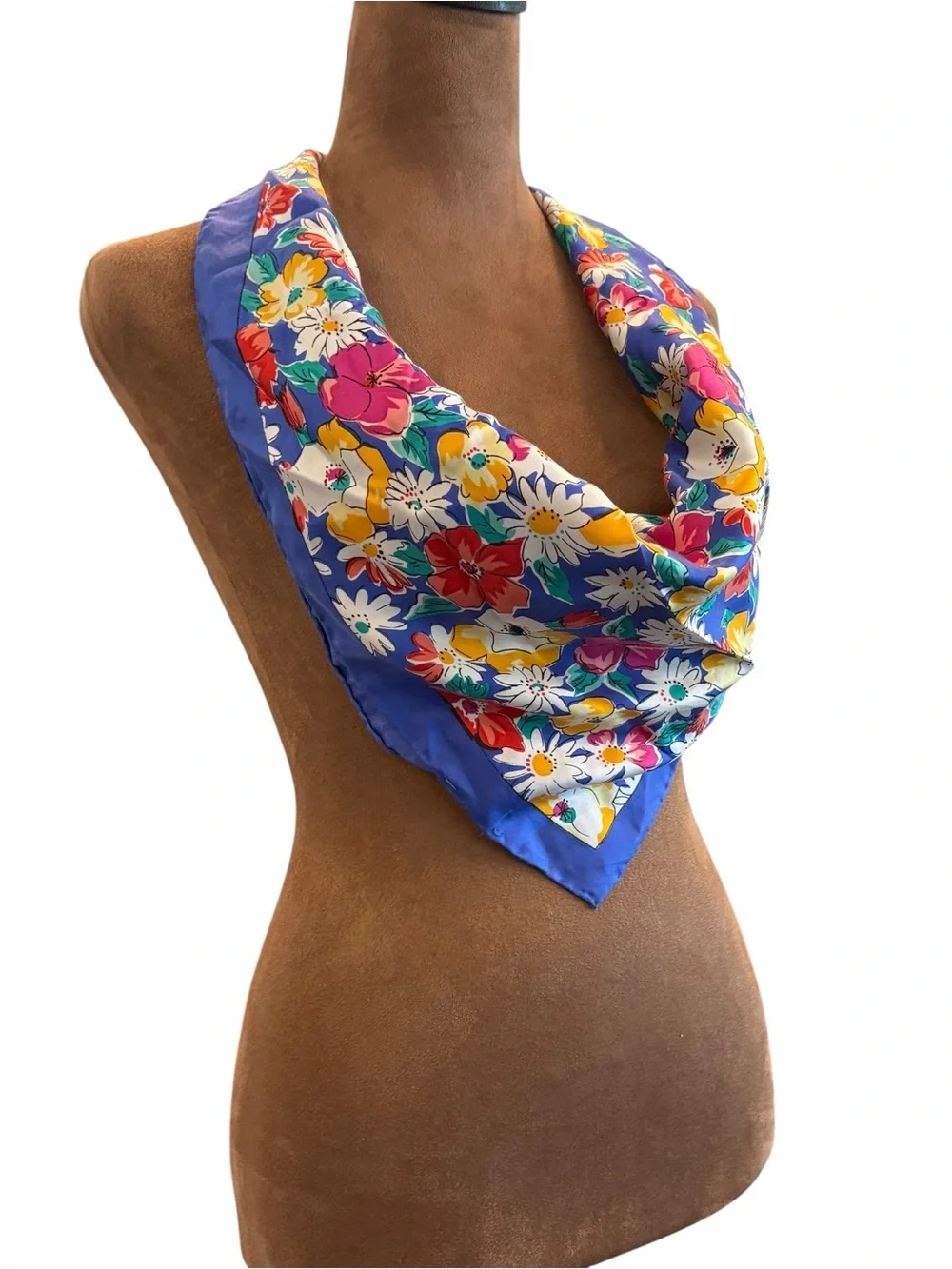 Floral Silk Scarf Hand Rolled Edges Colorful Bright 30”x30” Blue Border Cottage